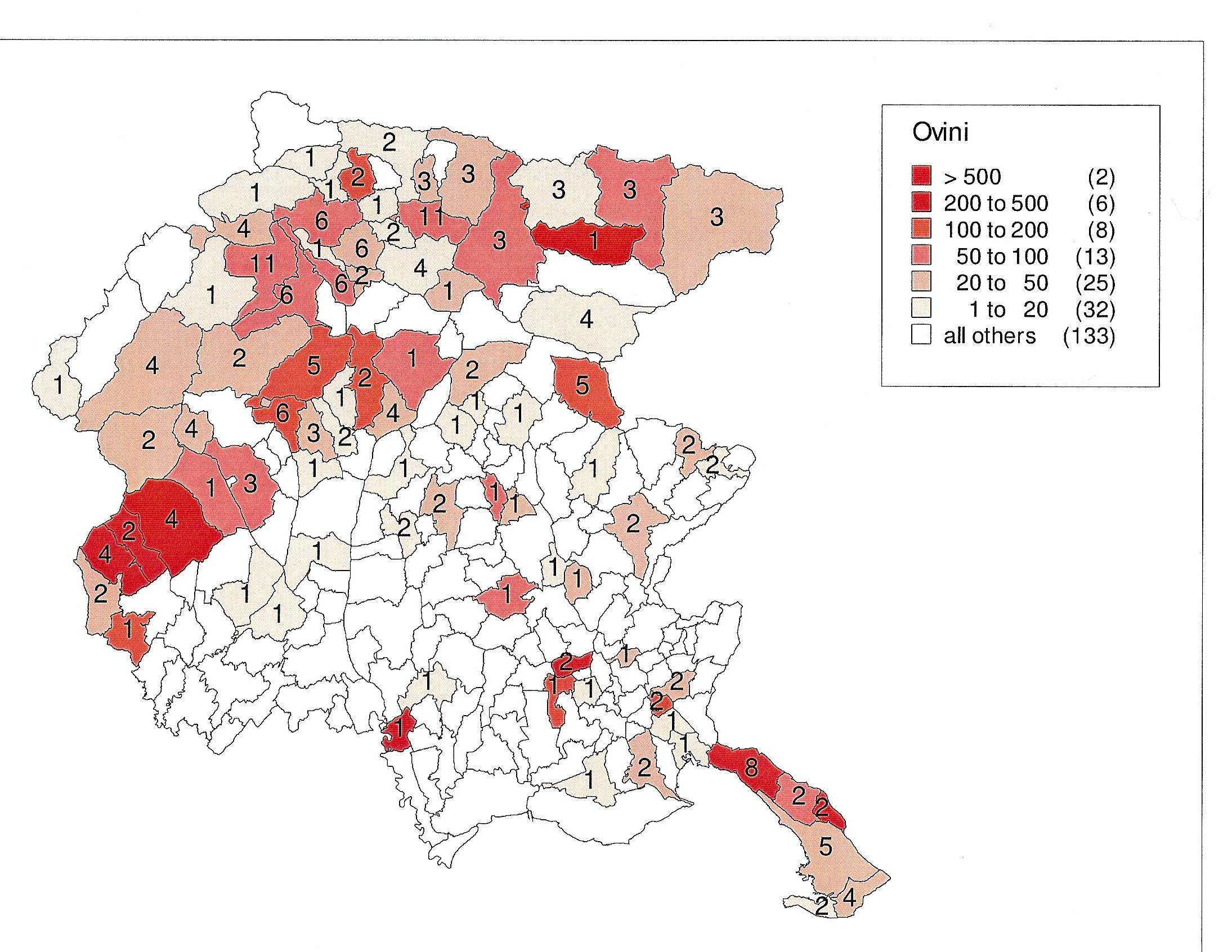 FVG Settore ovi-caprino Distribuzione per comune degli ovini (legenda: classi di densità dei capi allevati, numero di comuni ricadenti