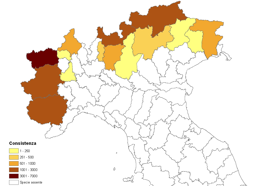 È possibile identificare ad oggi 63 (Figura 2) colonie distribuite su un areale di circa 5.000 km 2, che rappresenta il 14% dell area potenzialmente idonea alla specie.