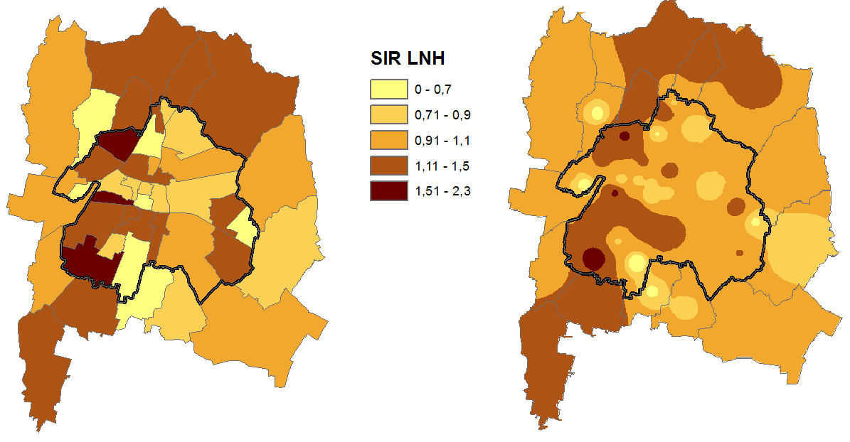 2.3 La situazione nel comune di Brescia: Rapporto osservati ed attesi (SIR) nei quartieri rispetto a media ASL Nell area considerata per il periodo 1999-2006 vi sono stati 649 casi di LNH di cui 424