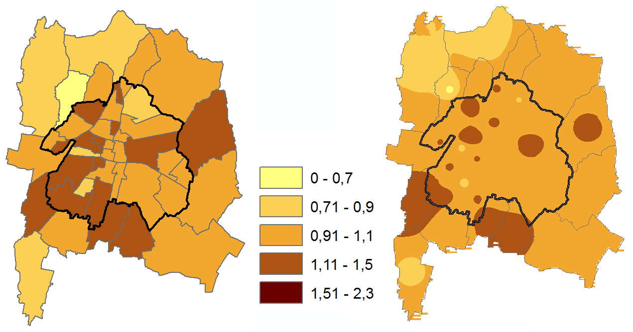 3.3 La situazione nel comune di Brescia: Rapporto osservati ed attesi (SIR) nei quartieri rispetto a media ASL Nell area considerata per il periodo 1999-2006 vi sono stati 2.597 casi di cui 1.