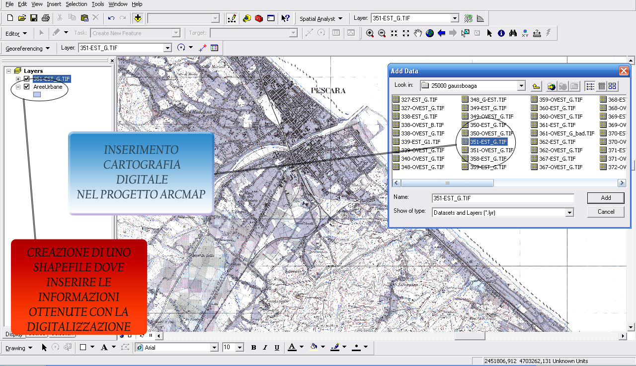 Metodologie e Strumenti Ausilio delle tecniche GIS Utilizzo del programma ArcGIS (ArcMap) Il metodo adottato per ciascuna sezione storica si articola in quattro fasi essenziali: Inserimento dei dati