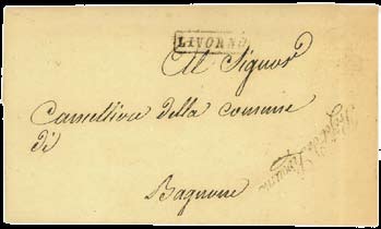 Livorno, 28 aprile 1808 Lettera spedita sotto coperta dal Prefetto del Dipartimento di Livorno, Circondario di Pisa, al Cancelliere della Comune di Bagnone con la quale vengono richiesti i dati di