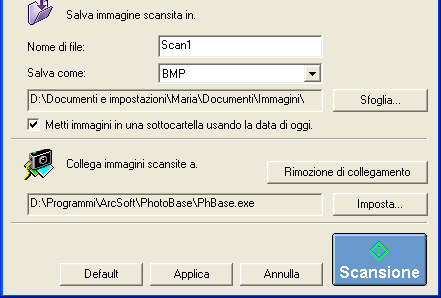 Capitolo 2 Utilizzo del Toolbox Impostazioni comuni a tutte le finestre di dialogo (6/6) Salvataggio di Immagini Scansite - Metti immagini in una sottocartella usando la data di oggi Se questa