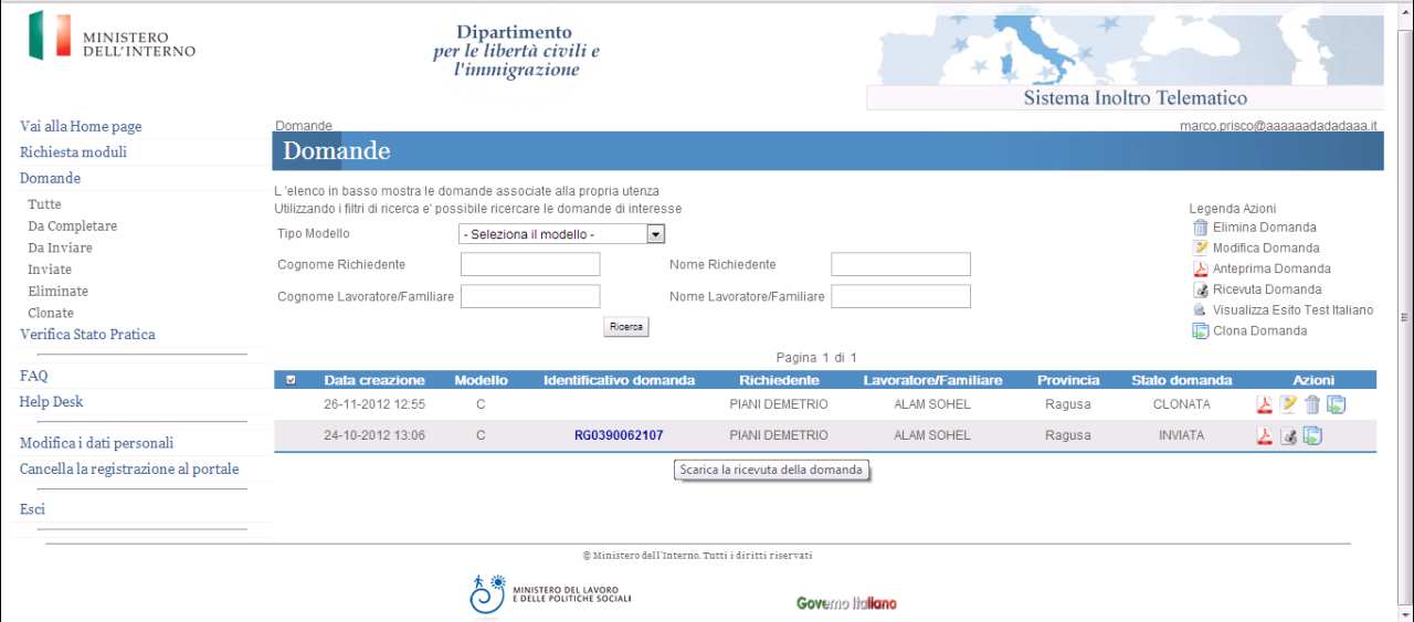 VISUALIZZAZIONE DELLE DOMANDE INVIATE Una volta effettuato l accesso con le proprie credenziali, selezionare dal menu di navigazione, posto sulla spalla sinistra della Home Page, la sezione Domande.