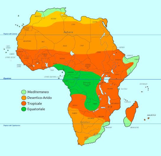 L Africa è divisa in fasce climatiche: - clima temperato con una vegetazione mediterranea sulla coste settentrionali; - clima equatoriale caldo-umico con la forte pluviale nella fascia