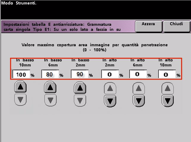 Impostazioni tabella E antiarricciatura DocuColor 7002/8002 Come inserire i valori nella finestra Impostazioni tabella E antiarricciatura, Tipo E Nella finestra Impostazioni tabella E