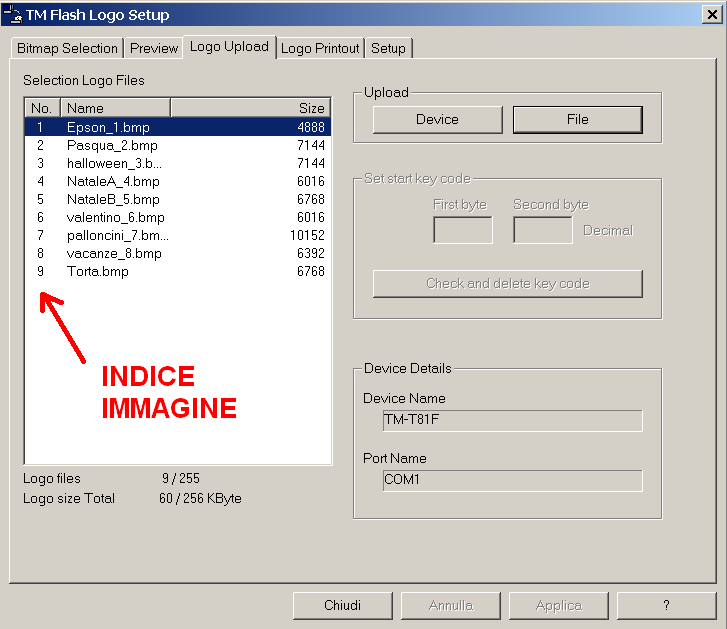 Annotatevi l indice del file che andare a salvare, questo numero vi servirà durante la fase di download con EpsonFPWizard.