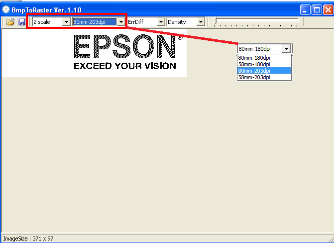 6.3 Impostazione del programma Epson Bmp to Raster Gui Impostare i parametri come indicato nel riquadro sotto evidenziato: Scale 2 scale. Questo è molto importante.