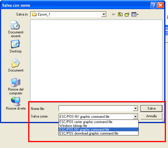 Selezionare SALVA COME e poi ESC/POS NV graphic command file. Scegliere il nome del file e premere il pulsante SALVA.