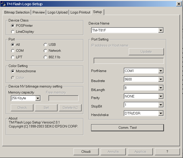 6.2 Impostazione del programma Epson TM Flash Logo Utility Aprire il programmare e tramite il pulsante SETUP selezionare la stampante TM-T81F.