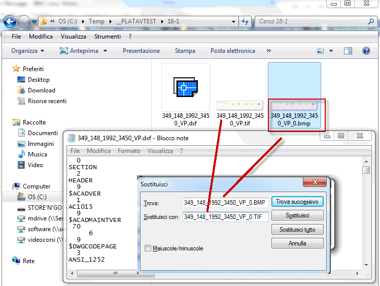 - Con la funzione "Sostituisci" di Blocco Note sostituire all'interno del file DXF il nome dell'immagine bmp con quello del file.tif/.