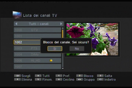 d. Blocco Questa funzione consente di bloccare il canale TV selezionato. 1. Premere il tasto per selezionare il canale. 2. Premere il tasto 2. 3.