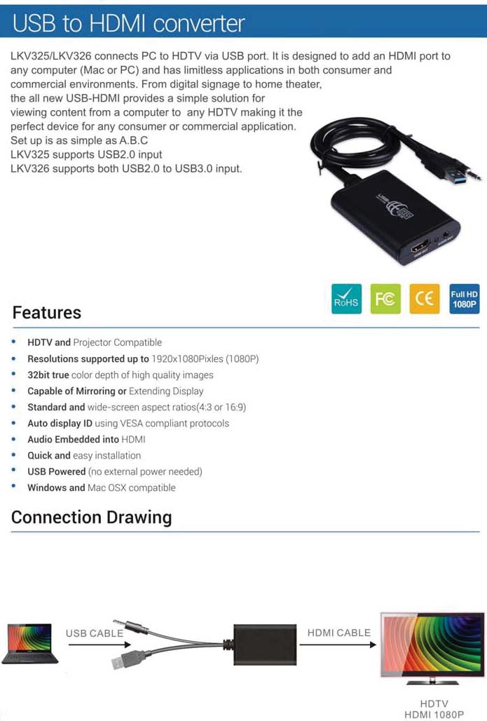 VIDEO Converter LKV-326 Convertitore da USB 2.0-3.0 a HDMI Migliora il tuo desktop con monitor ad alta risoluzione. Progettato per aggiungere una porta HDMI a qualsiasi computer (Mac o PC).