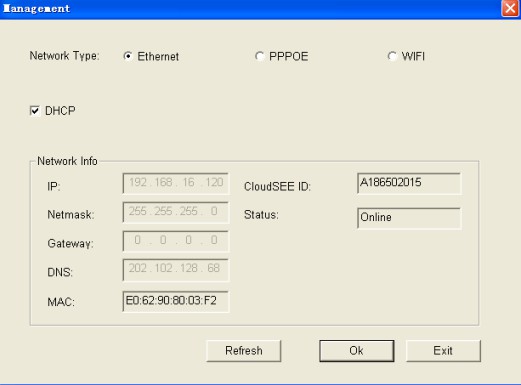 CloudSEE ID, login ID (user name) e password,come nella fidura seguente: Clicca per impostare I dati di rete della telecamera IP Quando il DHCP è
