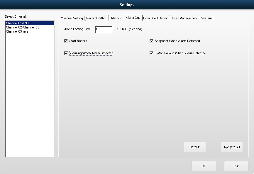 5.3 Ingresso allarme Include le funzioni di perdita video e Motion Detect. Se si seleziona Motion Detect, gli utenti possono impostare le regioni di rilevamento.