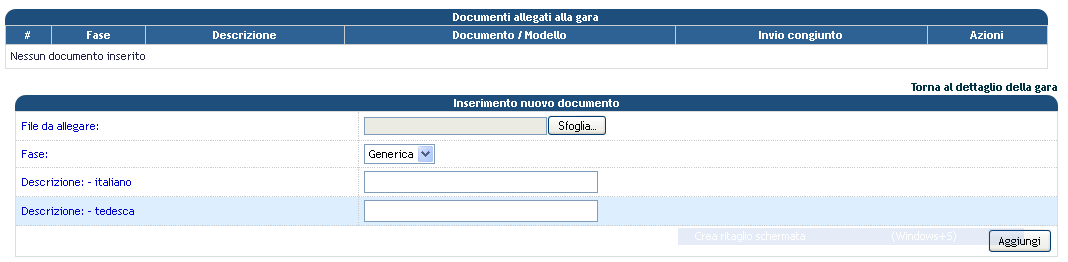 Nel dettaglio di gara i documenti allegati vengono suddivisi in due sezioni differenti, a seconda che facciano parte della Fase Generica o della Fase di Gara.