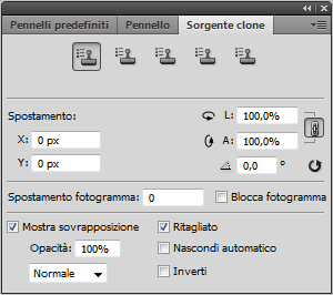 Il pannello Sorgente clone Potete impostare fino a cinque diverse sorgenti di campionamento e selezionare rapidamente quella desiderata senza dover effettuare nuovamente il campionamento ogni volta