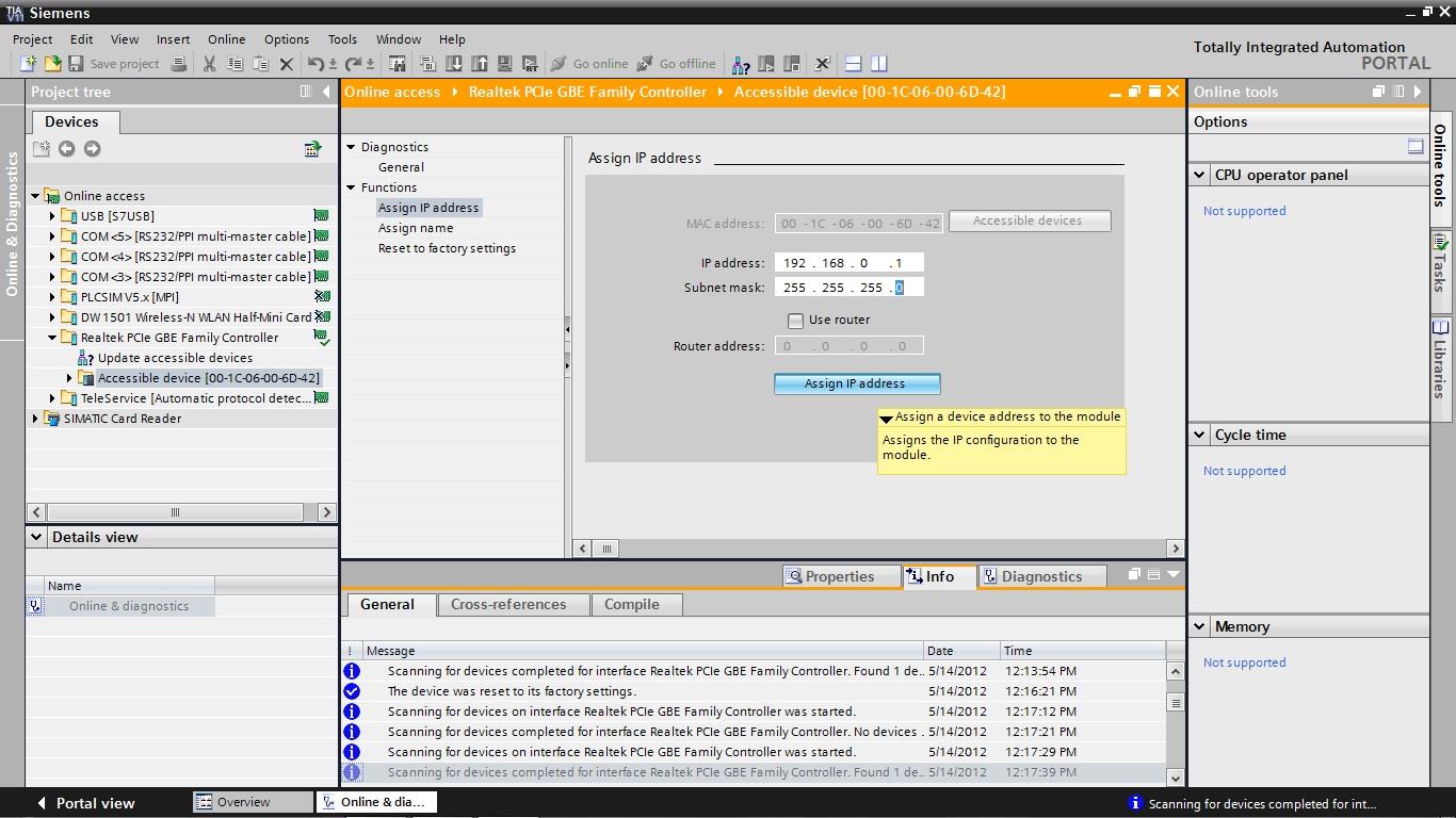 7. Alla voce 'Functions' selezionare 'Assign IP address'. Inserire qui 'IP address' e 'Subnet mask'. Fare clic su 'Assign IP address' per assegnare il nuovo indirizzo al controllore SIMATIC S7-1200.