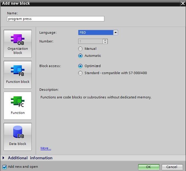 10. Selezionare 'Function (FC)' e assegnare il nome 'program press'. Come linguaggio di programmazione è preimpostato lo schema funzionale 'FBD'. La numerazione è automatica.