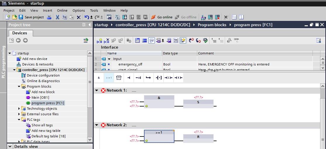 17. Allo stesso modo posizionare sotto Network 2 (Segmento 2) la combinazione OR per R 'Resetta