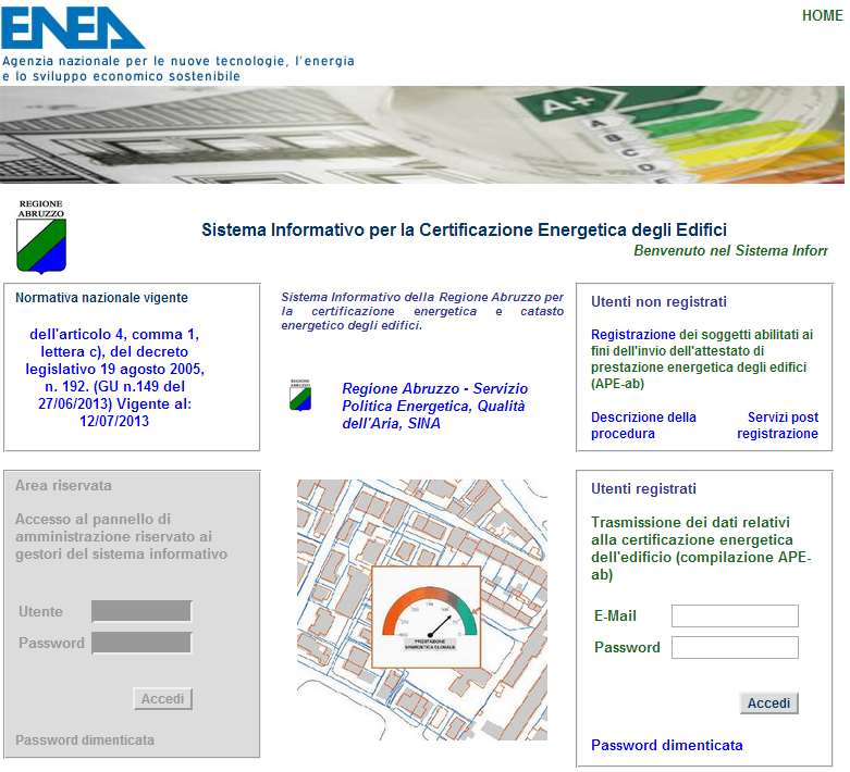 Il Sistema Informativo per la Certificazione Energetica della Regione Abruzzo, consente ai soggetti certificatori abilitati, di caricare, compilare e trasmettere gli Attestati di Prestazione