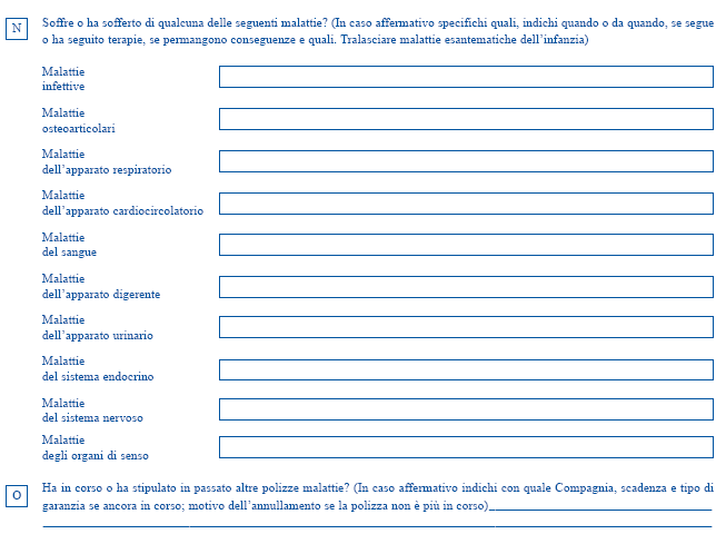 Il sottoscritto Assicurando, consapevole che le notizie e i dati di ordine sanitario costituiscono elemento fondamentale per la valutazione del rischio da parte di Italiana Assicurazioni S.p.A. e ne determinano le relative condizioni assuntive, dichiara di aver risposto con esattezza e in modo completo e veritiero al questionario sopra riportato.