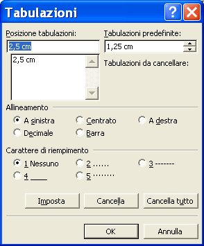 Finestra di dialogo Tabulazioni Per inserire tabulazioni in posizioni precise, difficili da impostare con il righello, si può attivare la finestra di dialogo Tabulazioni cliccando due volte su una