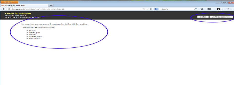 5 I contenuti del corso vengono presentati nell area apposta. Questi possono essere di vario tipo (testo, immagini, video, animazioni, hyperfilm).