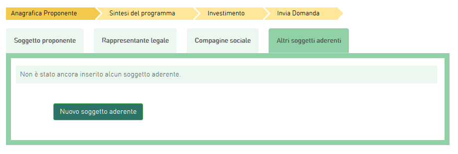 Dopo aver inserito le informazioni richieste, cliccando su Salva, l utente visualizzerà l anagrafica della compagine sociale, con alcune informazioni di sintesi: nome e cognome, tipologia, codice