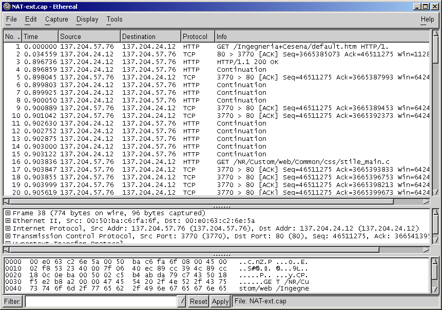 Analisi di connessioni attraverso NAT 192.168.10.254 137.204.57.76 192.168.10.174 137.204.24.