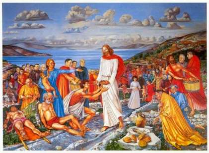 3 Lago di Galilea, lago di Tiberiade Il passo inizia con il dire che una grande folla segue Gesù, che si trova sull altra riva del lago di Galilea o di Tiberiade.