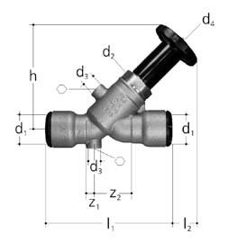 Gamma raccordi ad innesto Valvola con sede obliqua JRG LegioStop con raccordo ad innesto per tubi in acciaio al nickel-cromo (DVGW W541) e tubi in rame (DIN EN 1057), PN 10, con parte superiore