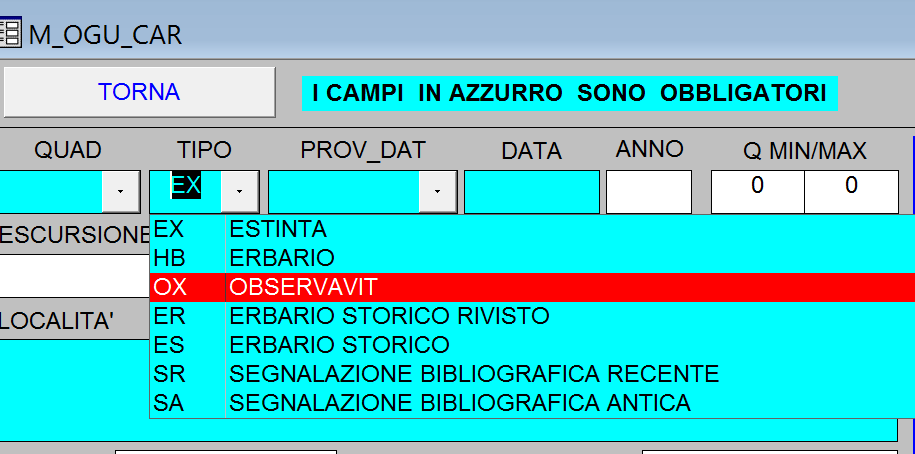 Compilare campi: immettere codice o selezionare tendina, i campi celesti sono obbligatori.