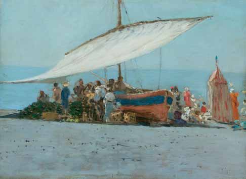 58 CAPRILE VINCENZO Napoli 1856-1936 Barche e mercato sulla spiaggia di Positano olio su tavola, cm 37.5x51 firmato in basso a destra: V. Caprile A tergo cartiglio: Gall.