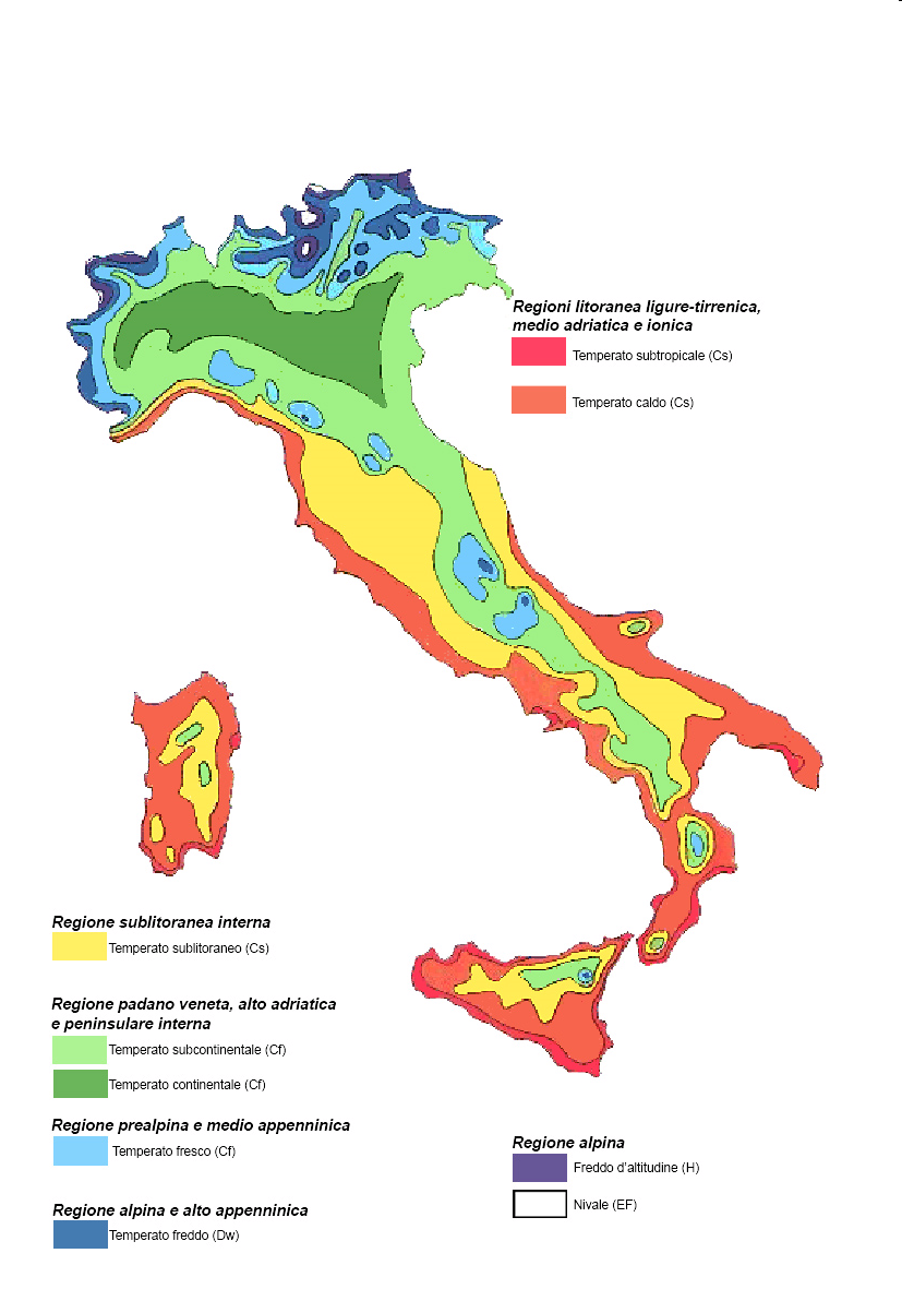 Caratteristiche specifiche del clima mediterraneo: Temperato subtropicale (CS) Interessa le aree più calde di ristrette fasce costiere dell Italia meridionale ed insulare.