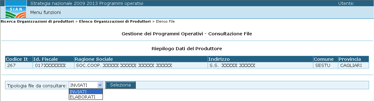 Scelta l organizzazione di interesse e premuto il tasto seleziona viene presentata a video la maschera di riepilogo dei dati di un produttore e dei file ad