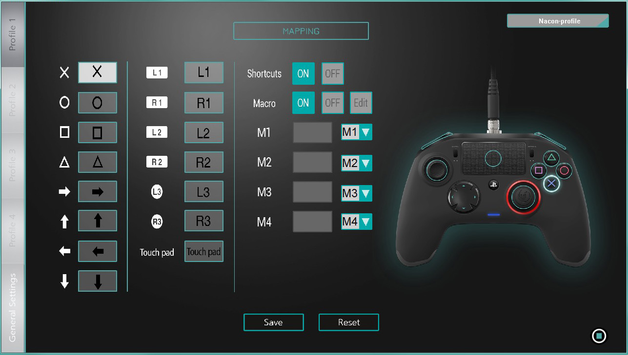 V. RIMAPPATURA DEI TASTI In modalità ADVANCED, tutti i pulsanti del REVOLUTION PRO CONTROLLER possono essere configurati in modo da raggiungere il controllo di cui hai bisogno, tra cui il pulsante