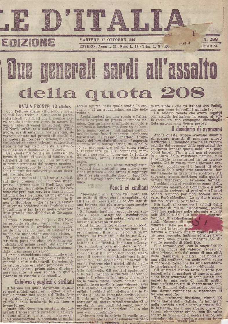 6 Articolo de Il Giornale d'italia del 17 ottobre 1916 dedicato ai generali Sanna e Thermes ed alle imprese dei «Calabresi, pugliesi e siciliani» della brigata Catanzaro, che viene indicata come «una