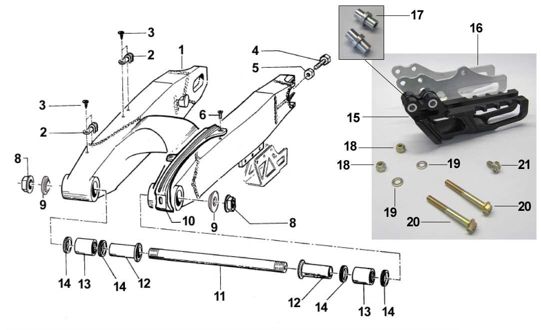 TAV. 09 1 1 FORCELLONE Swingarm 2 67054 2 PASSAFILO Holder 3 49794 4 VITE AUTOPERFORANTE 4.8 X 16 Screw 4 F49976 2 VITE TE 8 X 45 TUTTO FILETTO Screw 5 49640 2 DADO M 8 FLANGIATO Ch.