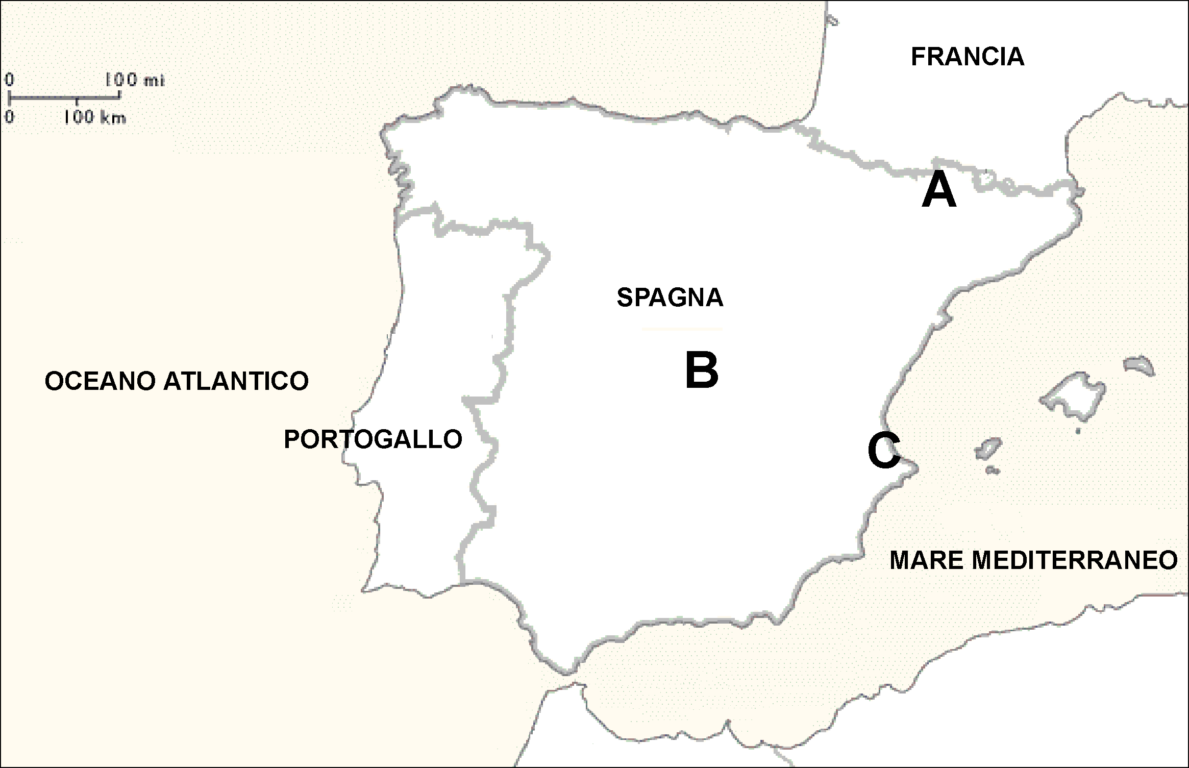 M061-501-1-1I 15 33. La Spagna è caratterizzata da grandi proprietà terriere. Indicate il termine con cui vengono definite, e sulla cartina n. 4, cerchiate la lettera della regione in cui prevalgono.