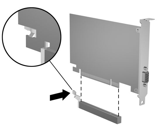 c. Per togliere una scheda PCI Express x16, estrarre dalla scheda il braccio di fermo sul retro dello zoccolo di espansione e far oscillare delicatamente la scheda avanti e indietro, in modo da