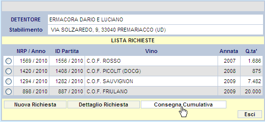 Adesso la richiesta di prelievo può essere corretta. Quando si vogliono inviare più richieste in un unico invio, si clicca su Consegna cumulativa.