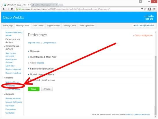 Meeting Center - Installazione preventiva della applicazione sul computer in uso Preferenze - configurazioni