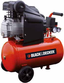 COMPRESSORE COASSIALE BLACK&DECKER 71,20 potenza 2 Hp, pressione massima 8 Bar, 2850 giri, aria aspirata 210 litri/min, lubrificato, serbatoio 24 litri, ruote grandi e maniglia per facile trasporto