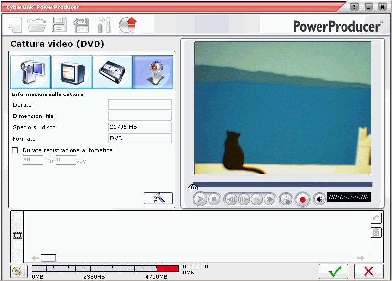 CyberLink PowerProducer Cattura da una fotocamera PC Per acquisire video da una fotocamera PC (webcam) in PowerProducer, fare clic sull opzione Fotocamera PC.