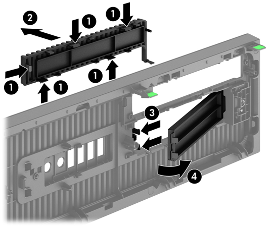 2. Per rimuovere un coperchietto del frontalino unità ottica, premere verso l'interno le cinque linguette di fermo (1) ed estrarre il coperchietto dal frontalino (2).