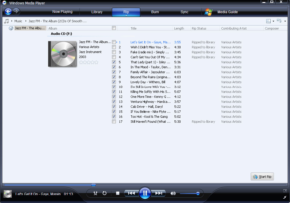 5 Inserire il CD audio nell'unità CD del computer. > Vengono elencati tutti i brani del CD. Per impostazione predefinita, WMP11 inizia a copiare tutte le canzoni sul CD.