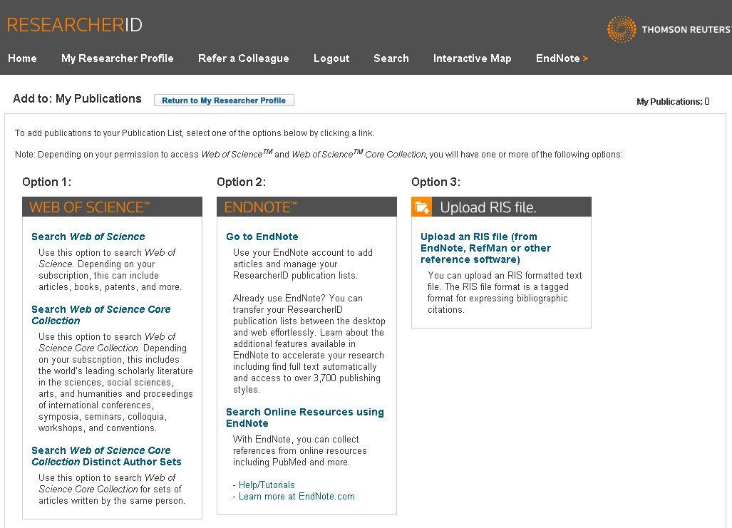 Figura 22. Pagina web di scelta delle modalità di aggiunta delle pubblicazioni al proprio profilo ResearcherID.