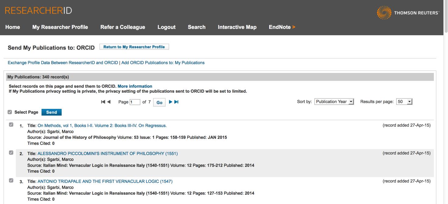 Come si vede dalla figura 31, all interno di ResearcherID si possono inviare e ricevere pubblicazioni da e per ORCID.