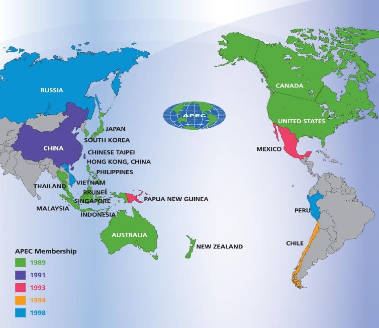 APEC Istituzione: 1989 Asia-Pacifico Struttura: è formata dai principali stati della regione, inclusi Stati Uniti e Canada.